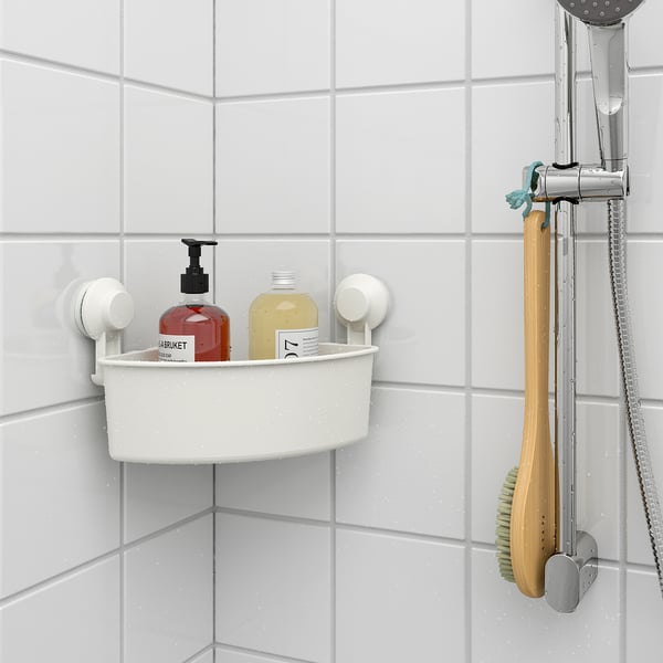 TISKEN corner shelf unit with suction cup, white, 30x17x20 cm