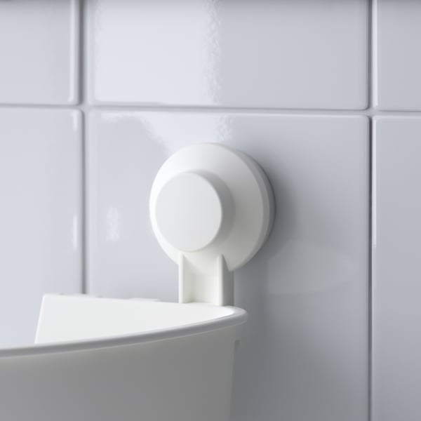 TISKEN corner shelf unit with suction cup, white, 30x17x20 cm