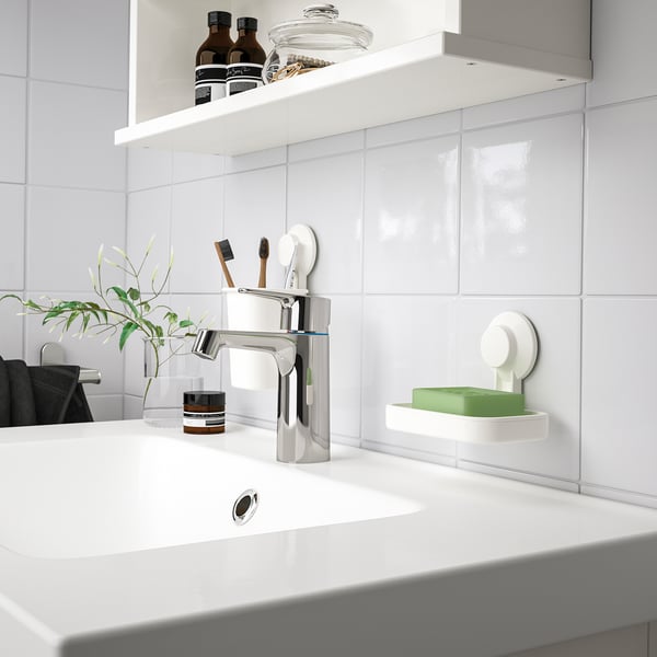 TISKEN soap dish with suction cup, white, 14x10 cm