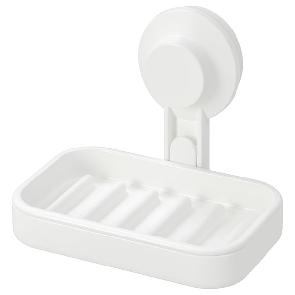 TISKEN soap dish with suction cup, white, 14x10 cm