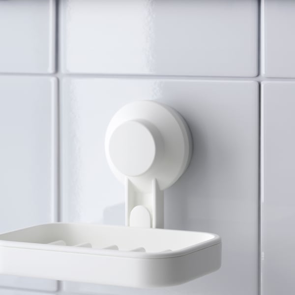 TISKEN soap dish with suction cup, white, 14x10 cm