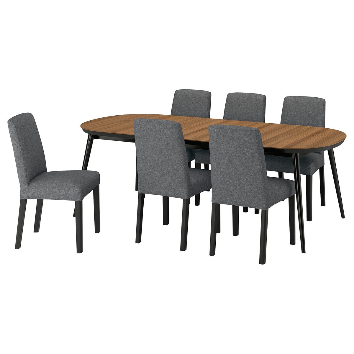 TJÄRKIL / BERGMUND table and 6 chairs, black walnut veneer/Gunnared dark grey black, 180/235/290 cm