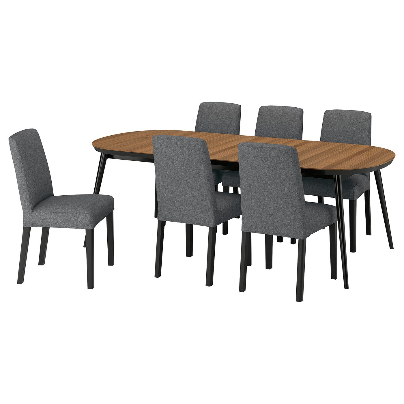 TJÄRKIL / BERGMUND table and 6 chairs, black walnut veneer/Gunnared dark grey black, 180/235/290 cm