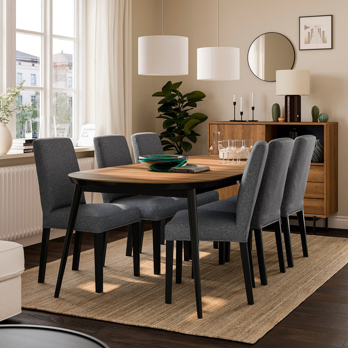 TJÄRKIL / BERGMUND table and 6 chairs, black walnut veneer/Gunnared dark grey black, 180/235/290 cm