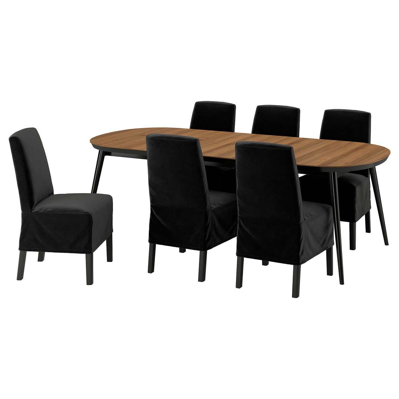 TJÄRKIL / BERGMUND table and 6 chairs, black walnut veneer/Djuparp dark grey black, 180/235/290 cm