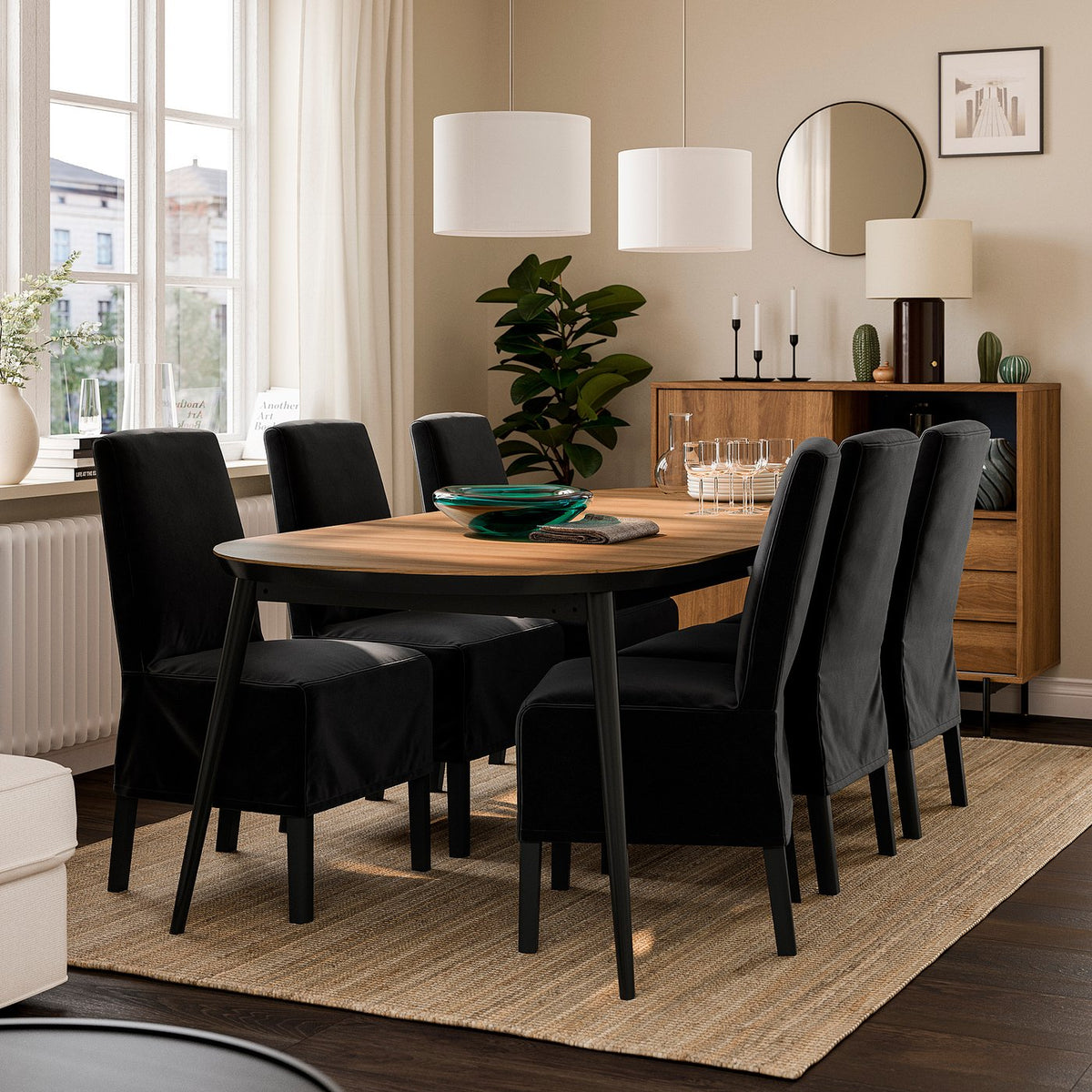 TJÄRKIL / BERGMUND table and 6 chairs, black walnut veneer/Djuparp dark grey black, 180/235/290 cm