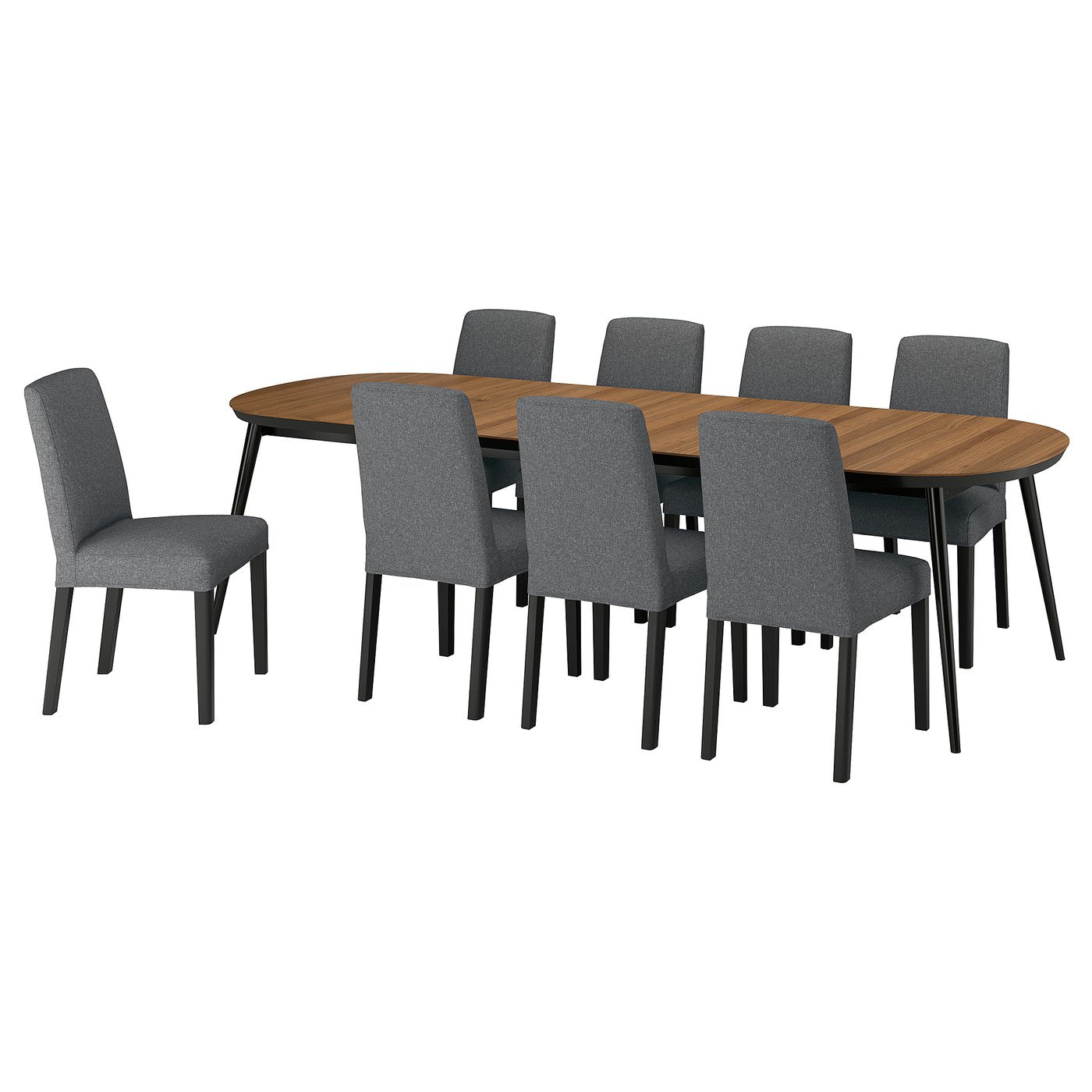 TJÄRKIL / BERGMUND table and 8 chairs, black walnut veneer/Gunnared dark grey black, 180/235/290 cm