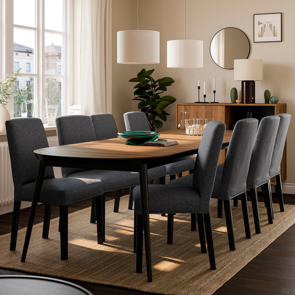 TJÄRKIL / BERGMUND table and 8 chairs, black walnut veneer/Gunnared dark grey black, 180/235/290 cm