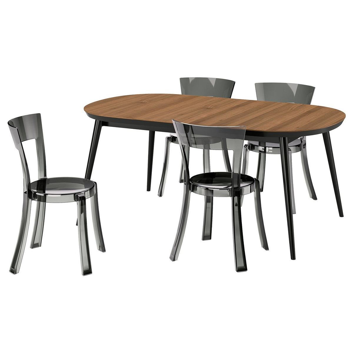 TJÄRKIL / STEIN table and 4 chairs, black walnut veneer/grey black, 180/235/290 cm