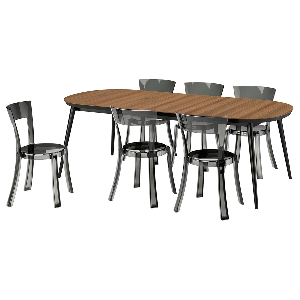 TJÄRKIL / STEIN table and 6 chairs, black walnut veneer/grey black, 180/235/290 cm