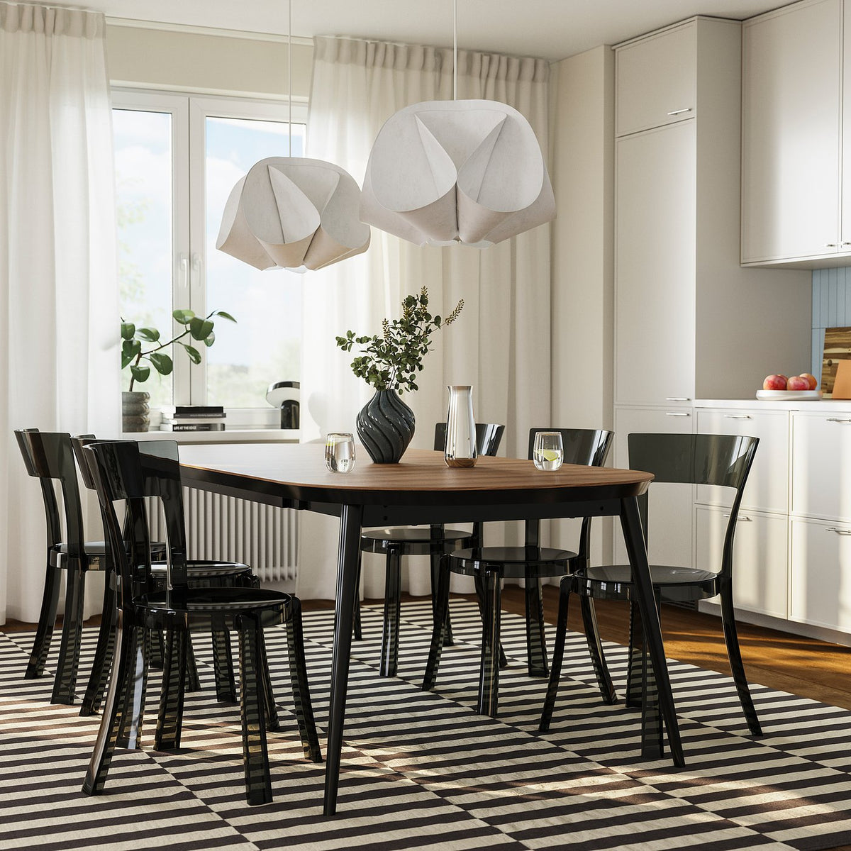 TJÄRKIL / STEIN table and 6 chairs, black walnut veneer/grey black, 180/235/290 cm