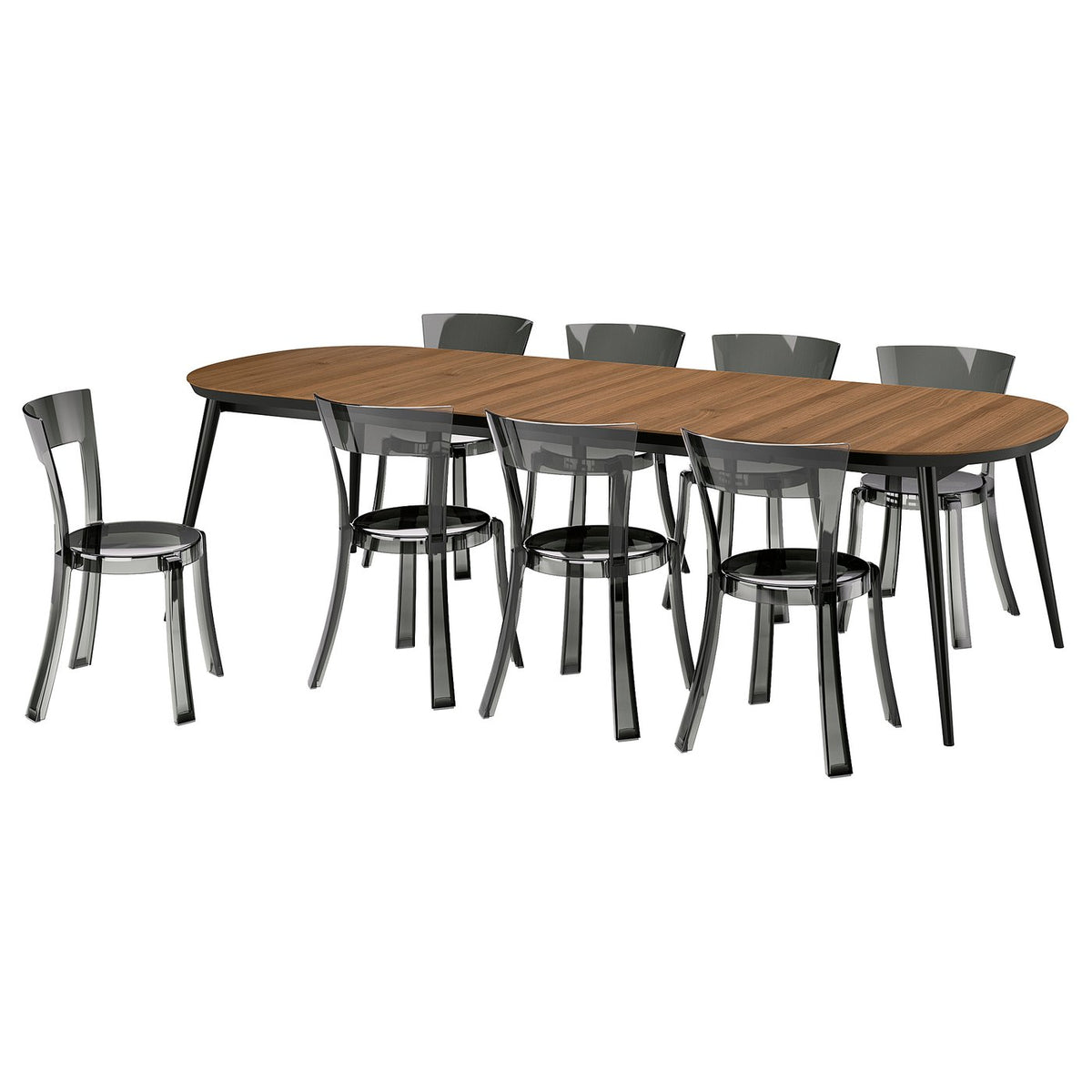 TJÄRKIL / STEIN table and 8 chairs, black walnut veneer/grey black, 180/235/290 cm