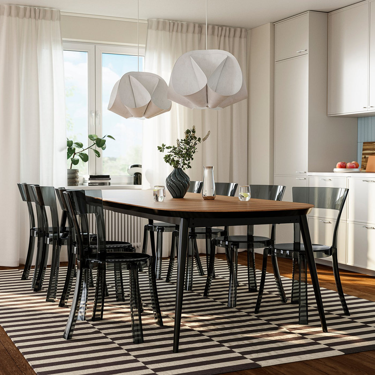 TJÄRKIL / STEIN table and 8 chairs, black walnut veneer/grey black, 180/235/290 cm