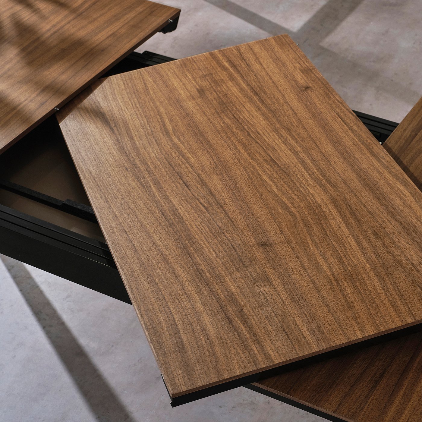 TJÄRKIL extendable table, black/walnut veneer, 180/235/290x100 cm