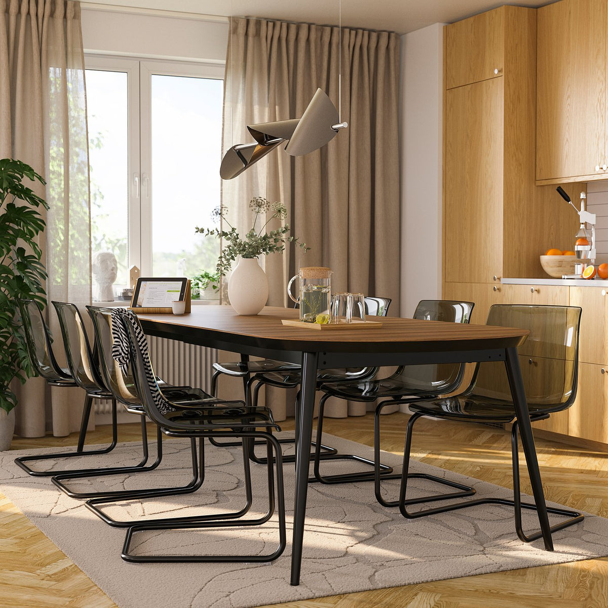 TJÄRKIL extendable table, black/walnut veneer, 180/235/290x100 cm