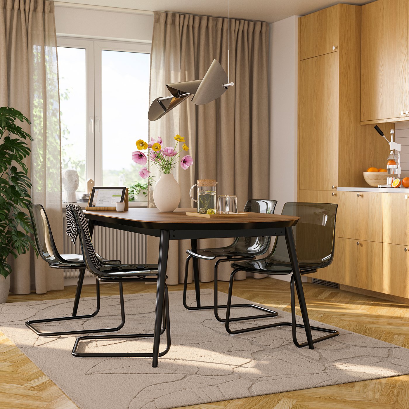 TJÄRKIL extendable table, black/walnut veneer, 180/235/290x100 cm