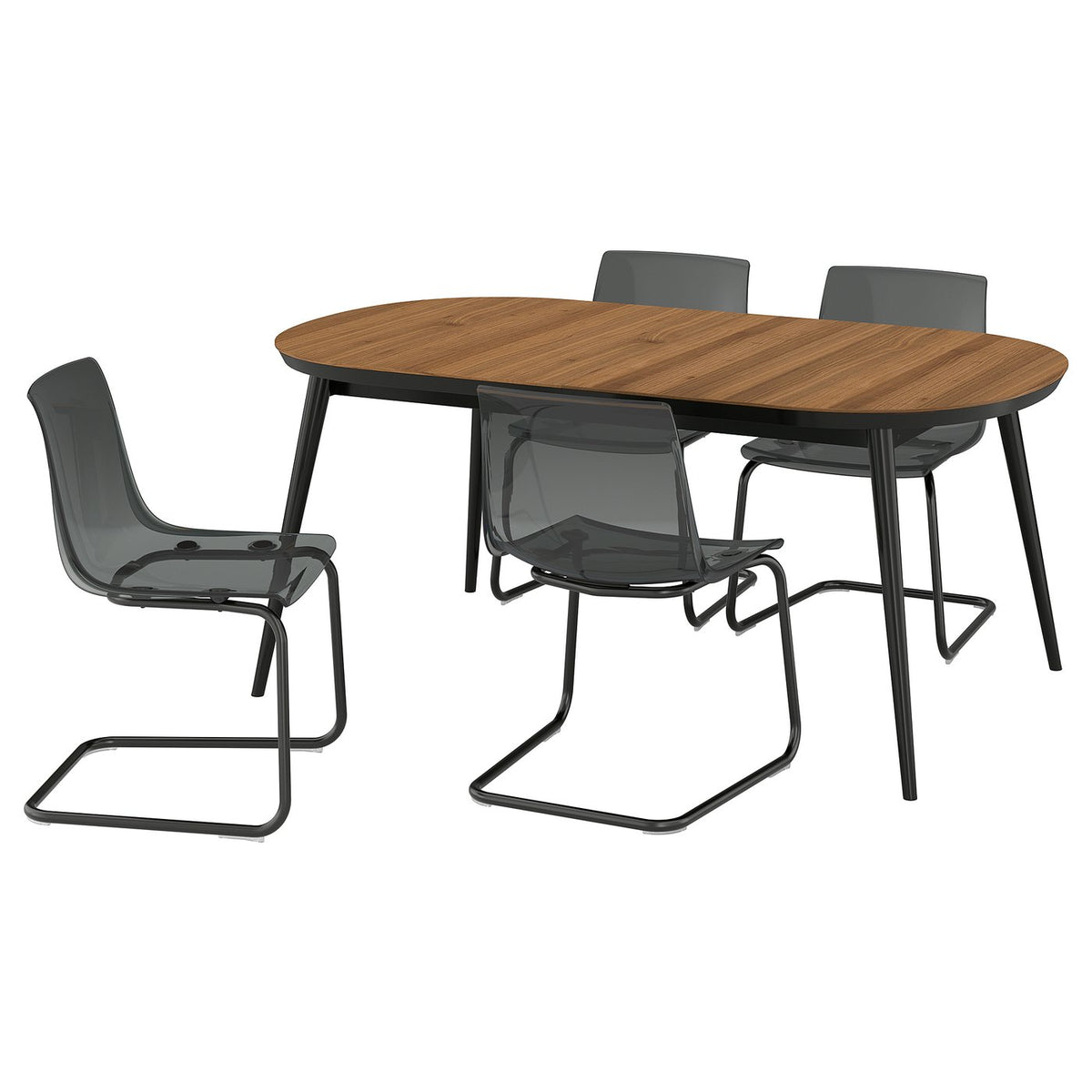TJÄRKIL / TOBIAS table and 4 chairs, black walnut veneer/grey black, 180/235/290 cm