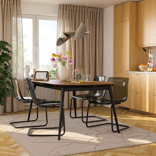 TJÄRKIL / TOBIAS table and 4 chairs, black walnut veneer/grey black, 180/235/290 cm