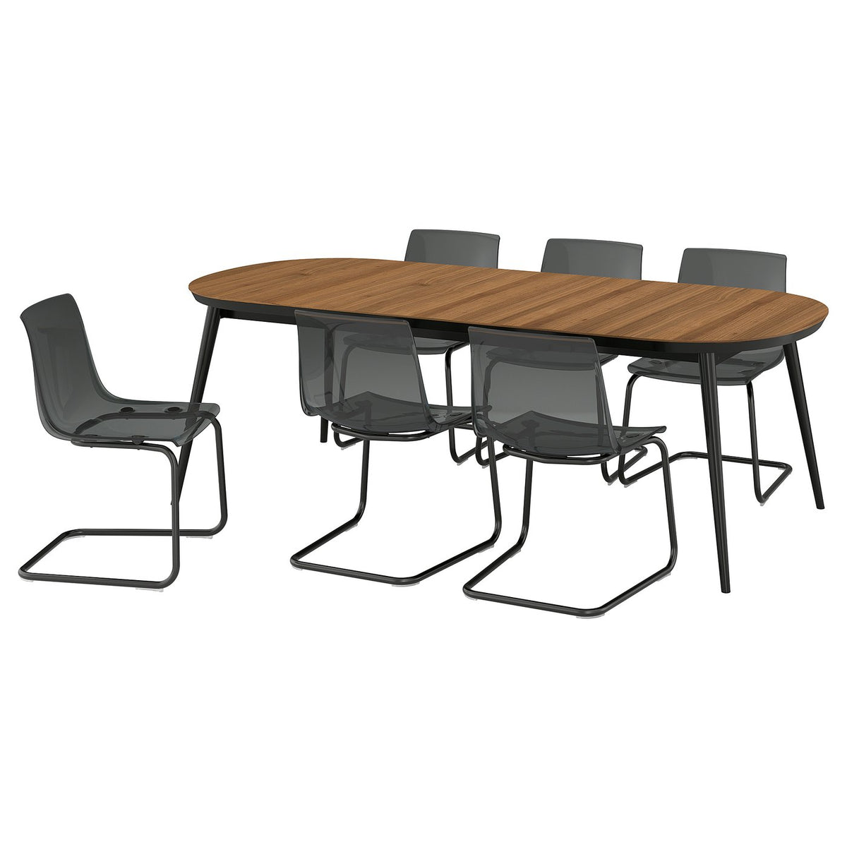 TJÄRKIL / TOBIAS table and 6 chairs, black walnut veneer/grey black, 180/235/290 cm
