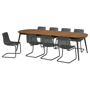 TJÄRKIL / TOBIAS table and 8 chairs, black walnut veneer/grey black, 180/235/290 cm