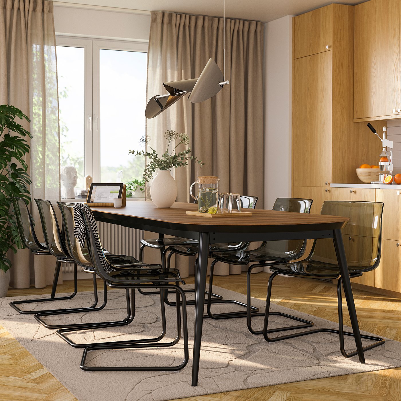 TJÄRKIL / TOBIAS table and 8 chairs, black walnut veneer/grey black, 180/235/290 cm