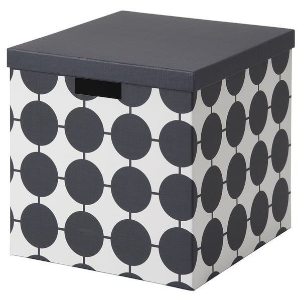 TJENA storage box with lid, white black/dotted, 32x35x32 cm