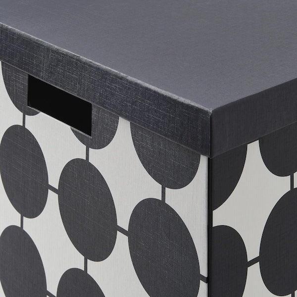 TJENA storage box with lid, white black/dotted, 32x35x32 cm
