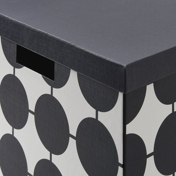 TJENA storage box with lid, white black/dotted, 32x35x32 cm