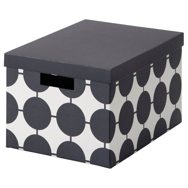 TJENA storage box with lid, white black/dotted, 25x35x20 cm