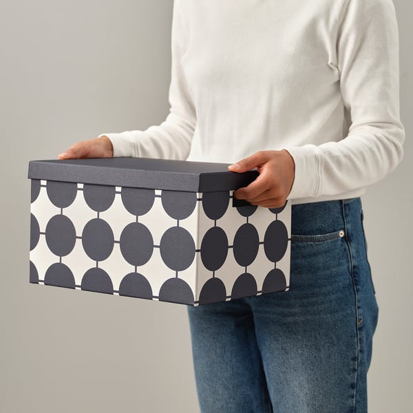 TJENA storage box with lid, white black/dotted, 25x35x20 cm