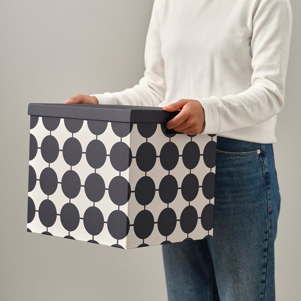 TJENA storage box with lid, white black/dotted, 32x35x32 cm