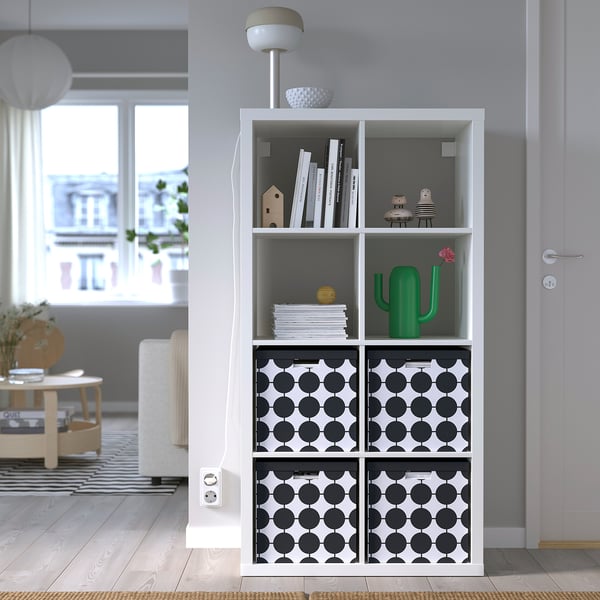 TJENA storage box with lid, white black/dotted, 32x35x32 cm