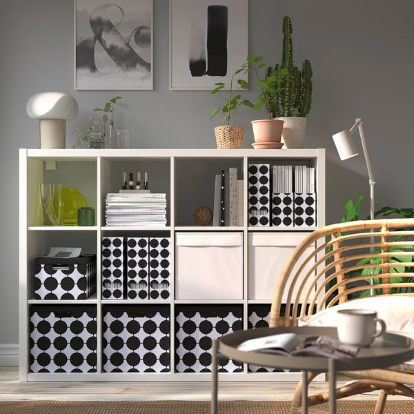 TJENA storage box with lid, white black/dotted, 25x35x20 cm