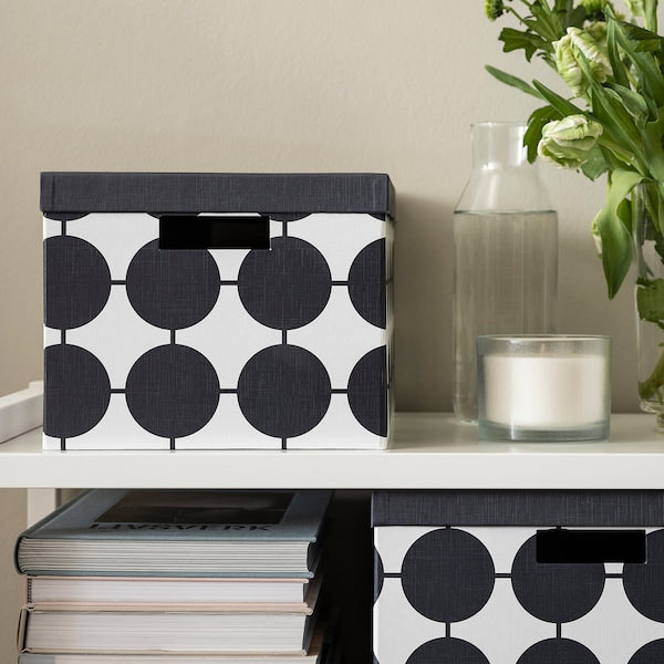 TJENA storage box with lid, white black/dotted, 25x35x20 cm