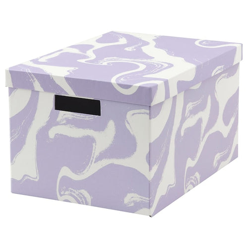 TJENA - Storage box with lid, patterned/lilac white, 25x35x20 cm