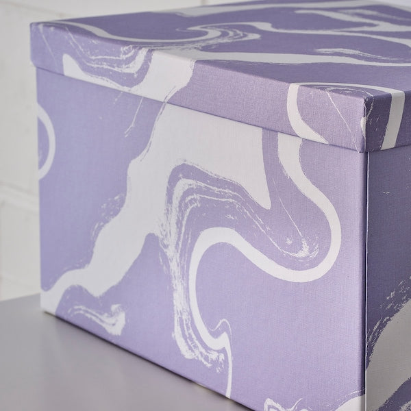 TJENA - Storage box with lid, patterned/lilac white, 25x35x20 cm