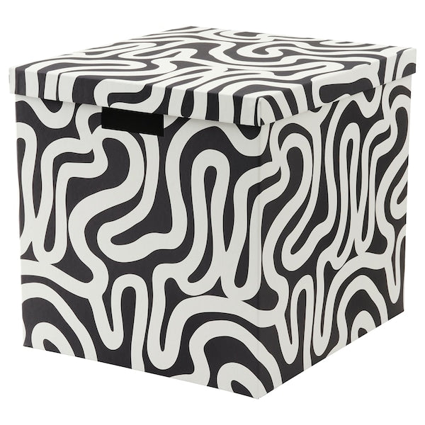 TJENA - Storage box with lid, patterned/black white, 32x35x32 cm