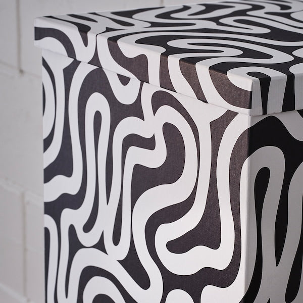 TJENA - Storage box with lid, patterned/black white, 32x35x32 cm