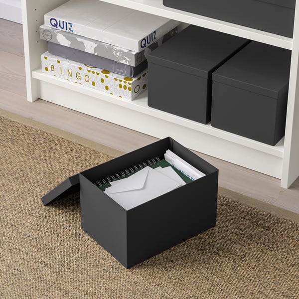TJENA - Storage box with lid, black, 18x25x15 cm