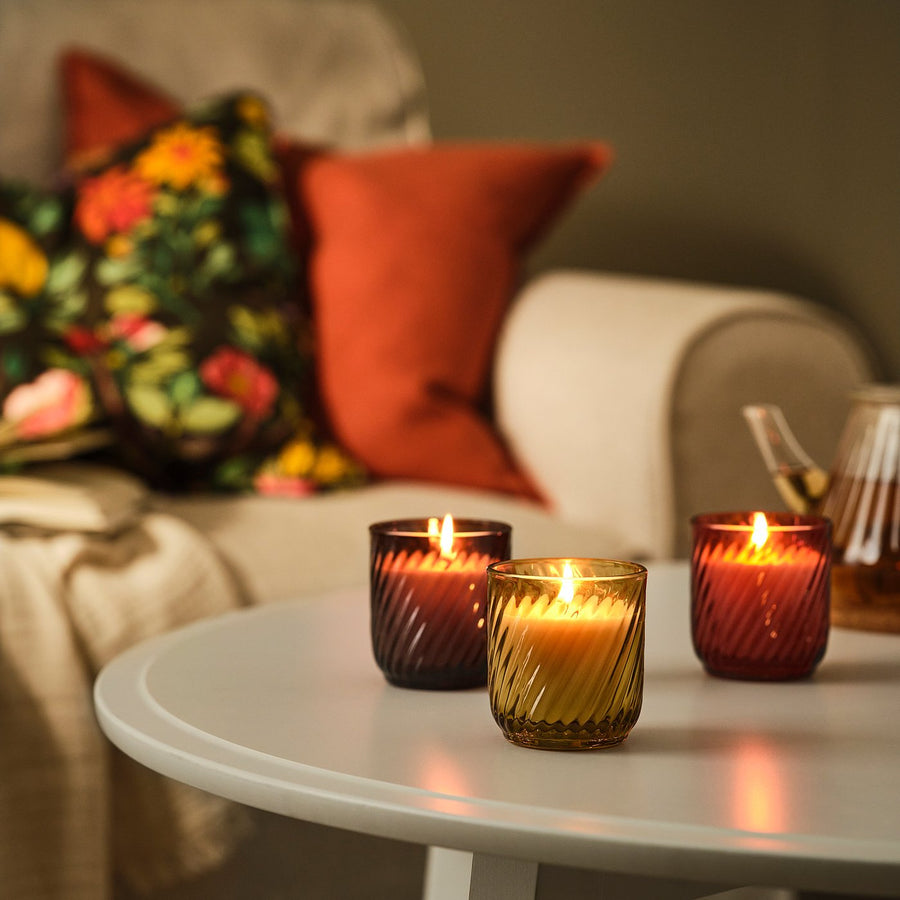 TÖRNFÅGEL scented candle in glass, Vanilla mixed colours, 20 hr, 3 pack