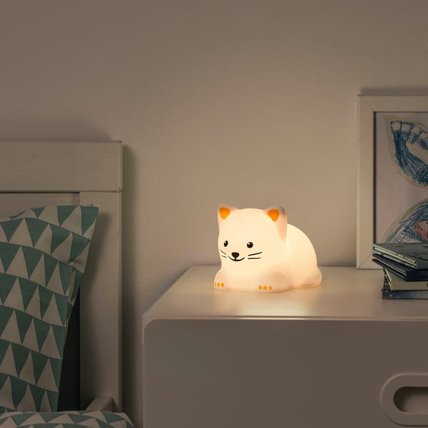 TÖVÄDER LED night light, cat battery-operated, 14x8 cm