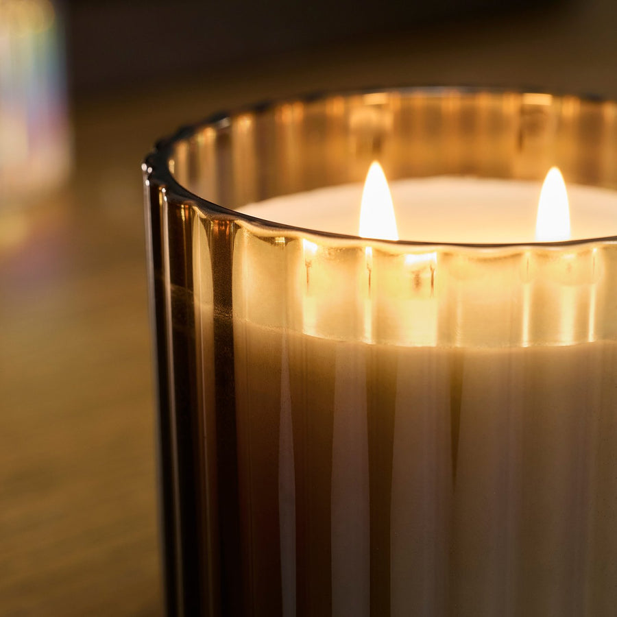 TOFSTÄRNA scented candle in glass, 2 wicks, Fig leaf brown, 10 cm