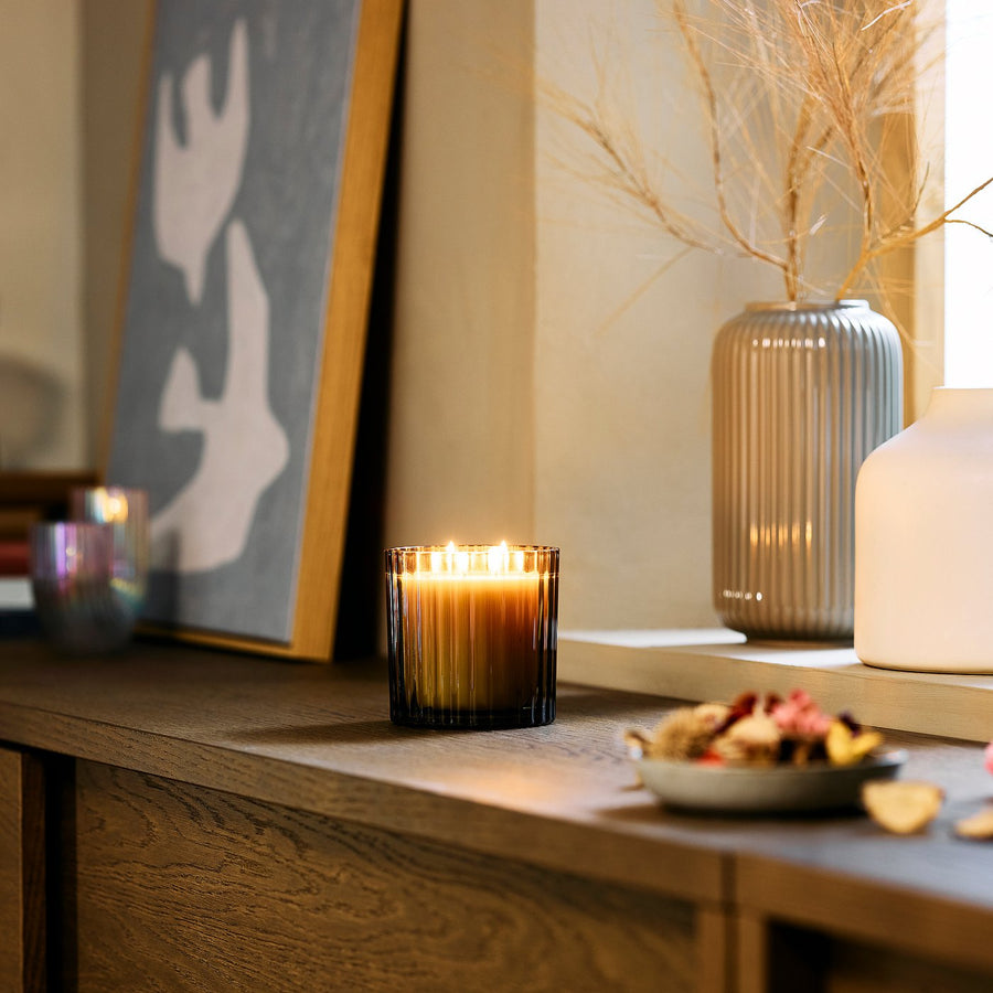 TOFSTÄRNA scented candle in glass, 2 wicks, Fig leaf brown, 10 cm