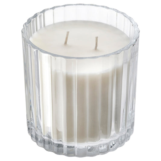 TOFSTÄRNA scented candle in glass, 2 wicks, Fresh linen clear glass, 10 cm