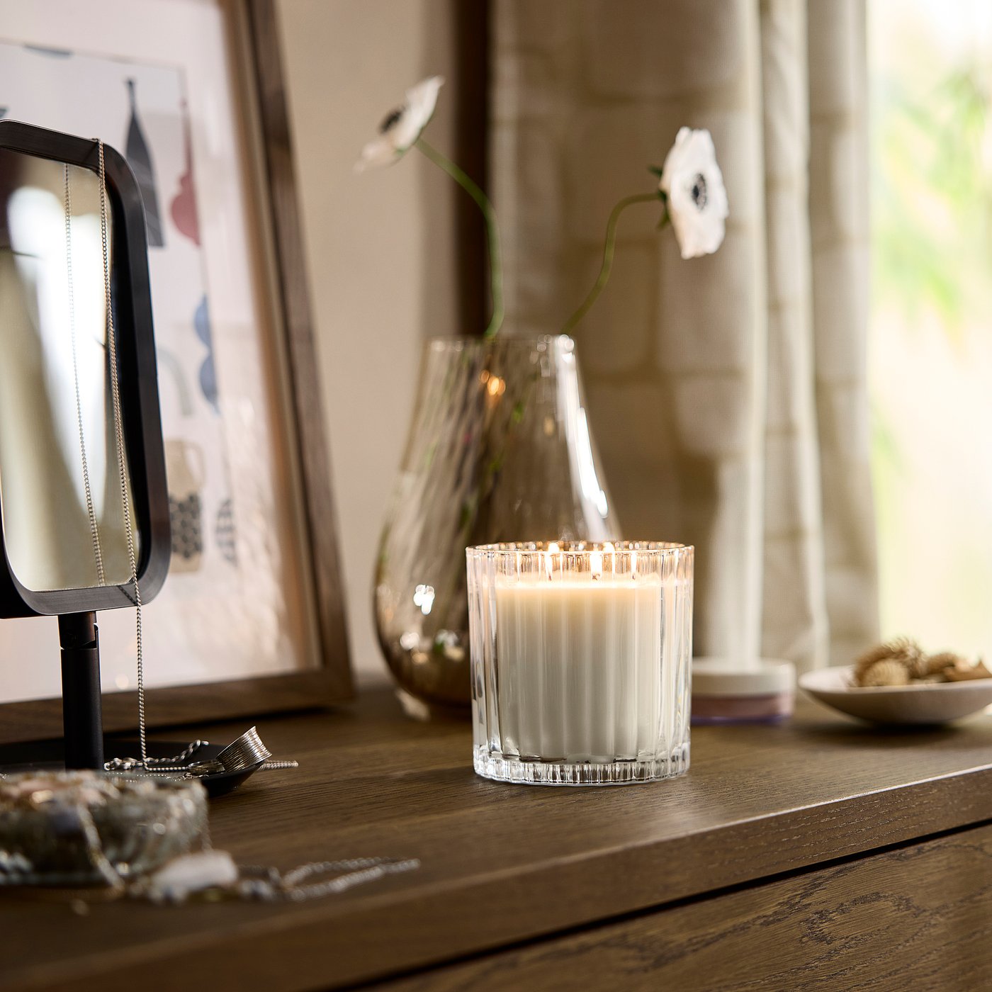 TOFSTÄRNA scented candle in glass, 2 wicks, Fresh linen clear glass, 10 cm