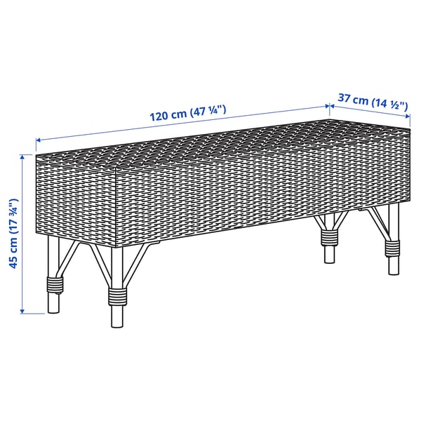TOLKNING bench with storage, handmade rattan, 120 cm