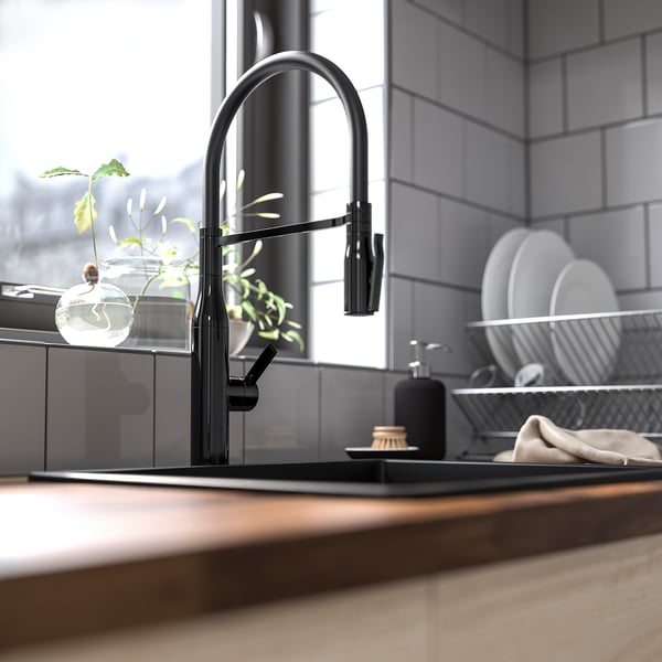 TOLLSJÖN kitchen mixer tap/handspray, black polished metal
