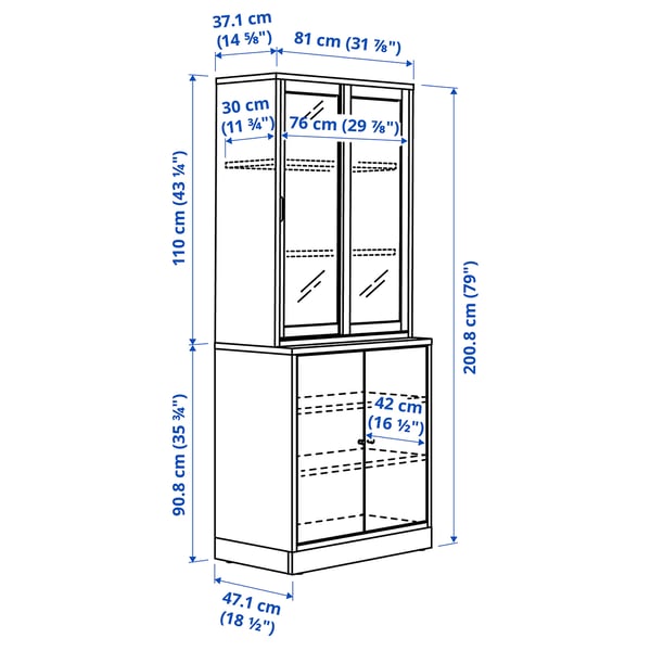 TONSTAD storage comb w sliding glass doors, off-white/clear glass, 81x47x201 cm