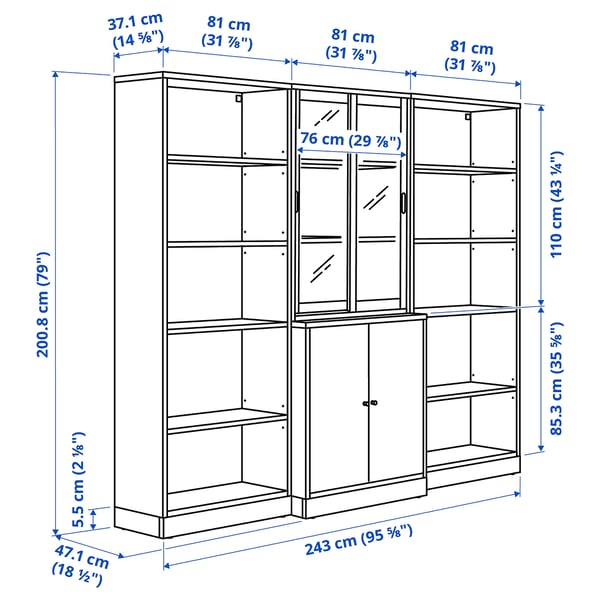 TONSTAD storage comb w sliding glass doors, off-white/clear glass, 243x47x201 cm
