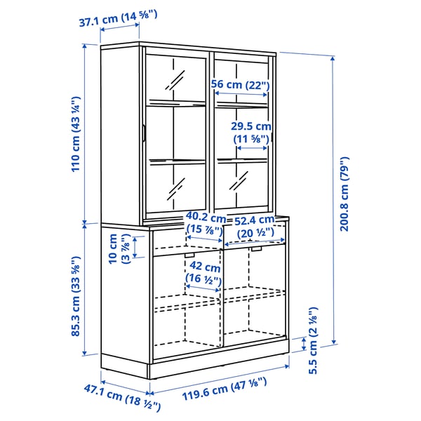 TONSTAD storage comb w sliding glass doors, off-white/clear glass, 120x47x201 cm